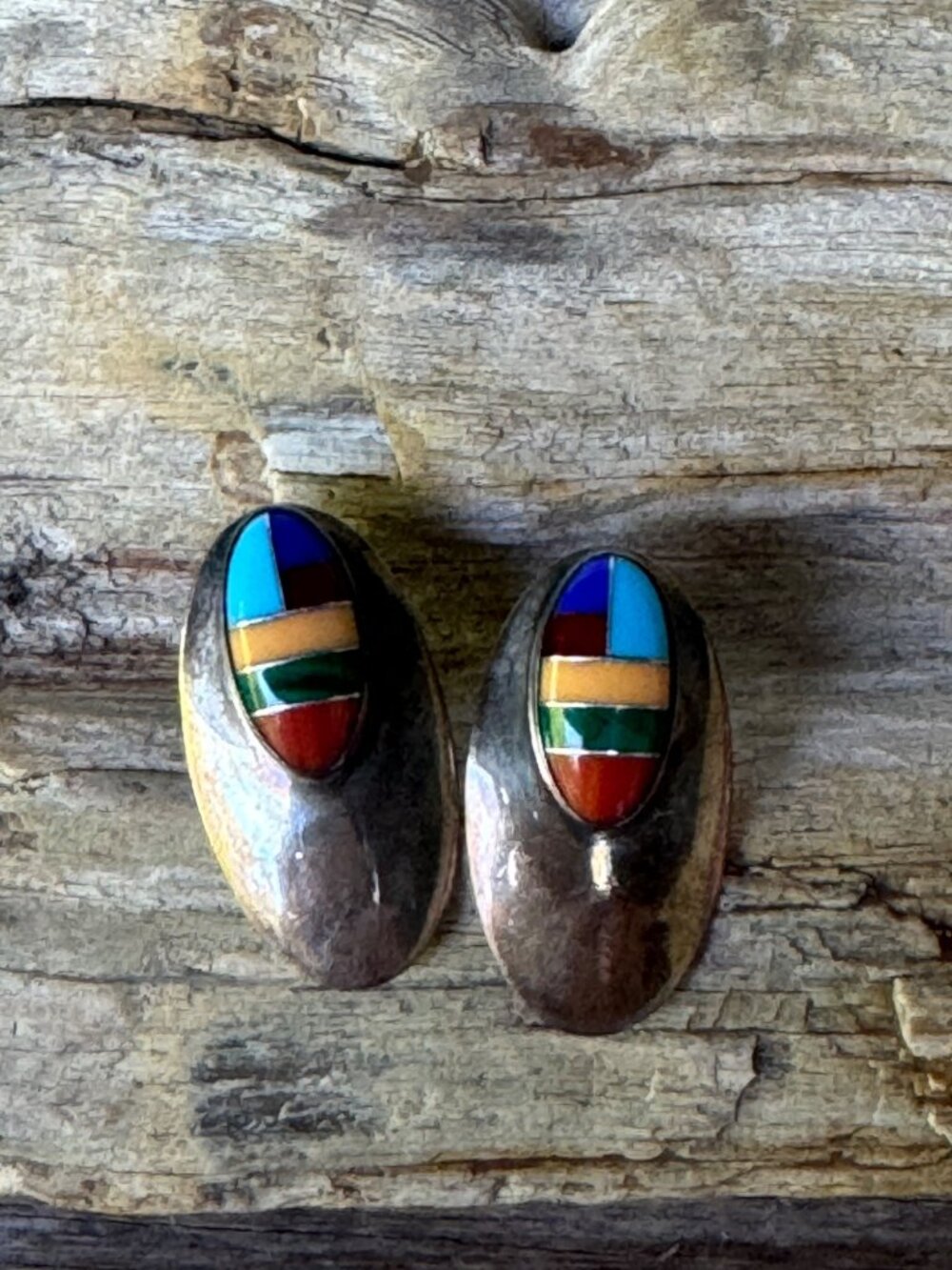 Vintage Sterling Silver Southwestern Inlay Earrings Multi Stone 1” Post 4.5g